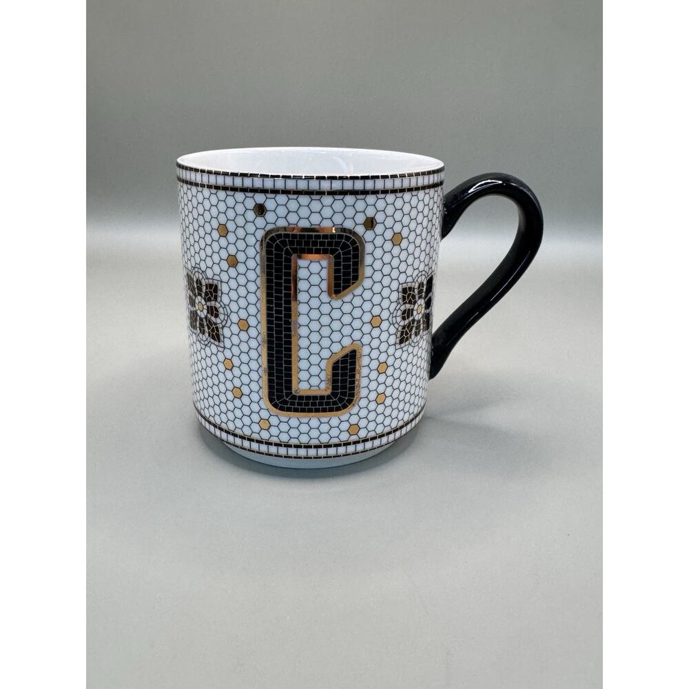Anthropologie MUG Gold Black Mosaic Tile Letter “C” Initial Monogram Coffee 15oz